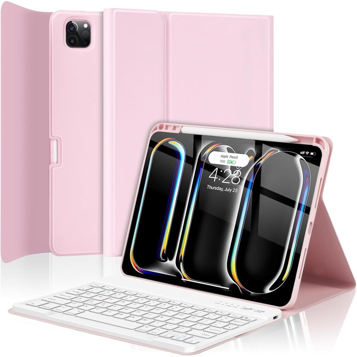Tastatura pentru tableta pentru iPad Pro 11-inch de generatia a 5-a (M4) 2024 (Model: A2836/A2837/A3006), tastatura Bluetooth wireless detasabila cu suport pentru stilou incorporat, Roz