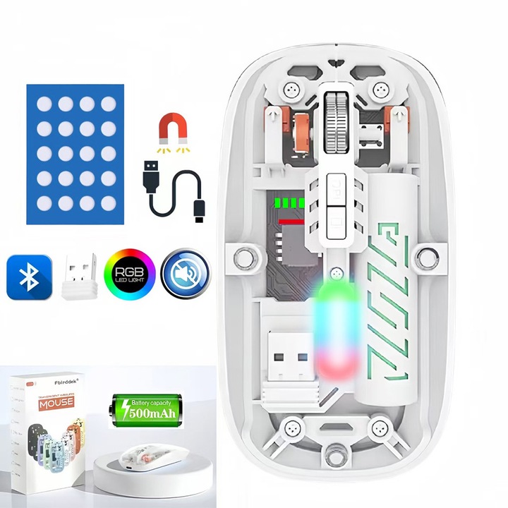 Mouse Wireless Fbirddek® 513 Bluetooth 5.2 si 2.4GHZ, Nivelul bateriei vizibil, Receptor USB, Silentios, Returnare desktop cu un singur clic, Reglabil DPI, USB-C, RGB Led, Capac magnetic, 500mAh, Piedici pentru mouse, Transparent/Alb