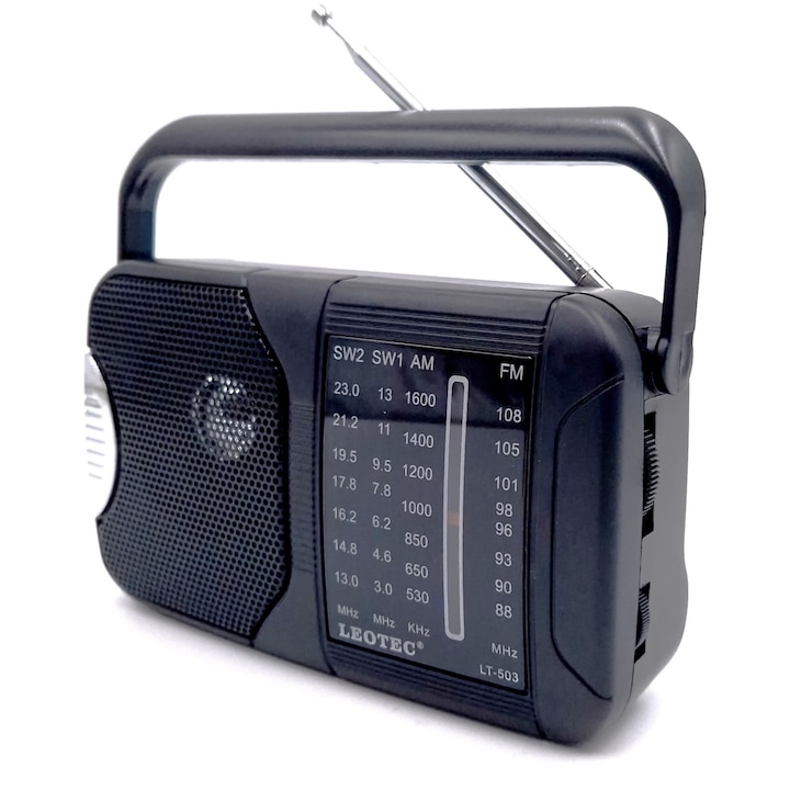 Radio portabil Leotec® cu 4 benzi, alimentare la priza si baterii, design ergonomic, negru