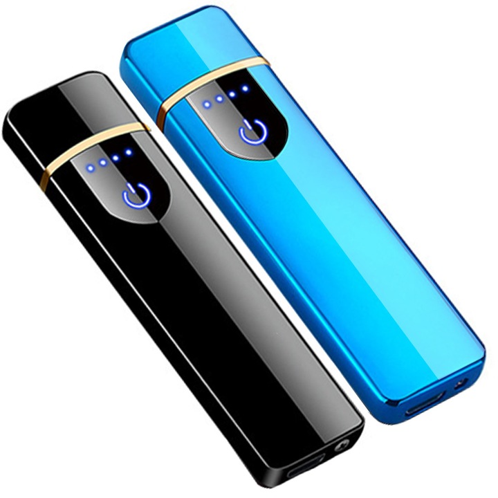 Bricheta electrica, reincarcabila, cu cablu USB, aprindere dubla, fara gaz, antivant, incandescenta, usoara, portabila, cutie cadou, set 2 buc. Negru, Albastru, OptimStar®