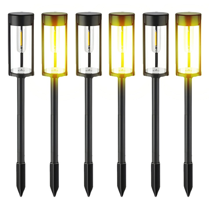 Комплект от 6 соларни LED градински лампи, външни – неръждаема стомана, IP65, със светлинен сензор, за монтаж на земята, топла светлина 3000K, черни