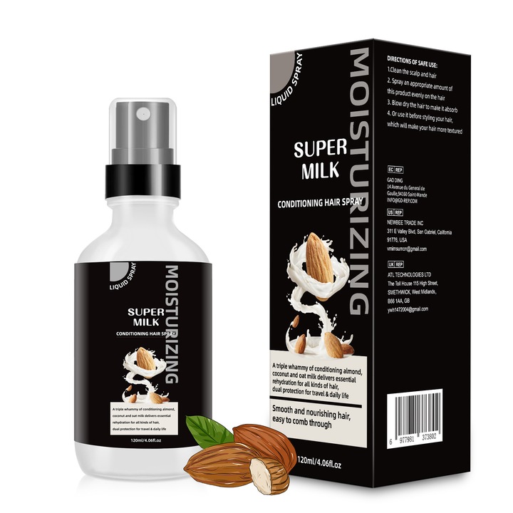 Spray Par Fara Clatire cu Lapte de Migdale, 100ml - Pentru Par Uscat, Netezitor de Zvarcele Spray Hidratant cu Colagen & Extract de Migdale, Reduce Uleiala, Par Stralucitor