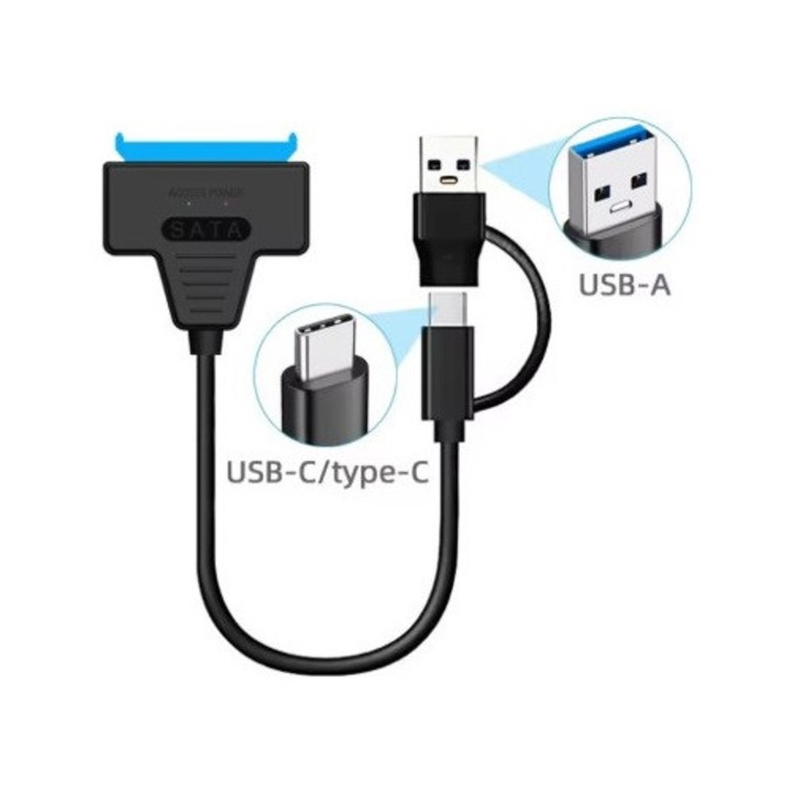 Adaptor USB 3.0 la SATA pentru HDD/SSD 2.5” – cu conector USB-A & USB-C, PHN Mag, Negru