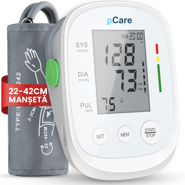 Tensiometru Brat Electronic pCare X5, Aparat Tensiune Arteriala Oscilometrie, Manseta 22-42 cm, Memorie 2x99, Aparat Masurat Tensiune, LCD Digital, Detectare Puls Neregulat, Tensiometru Medical Profesional, Monitor Tensiune, Aparat Tensiometru Brat USB-C