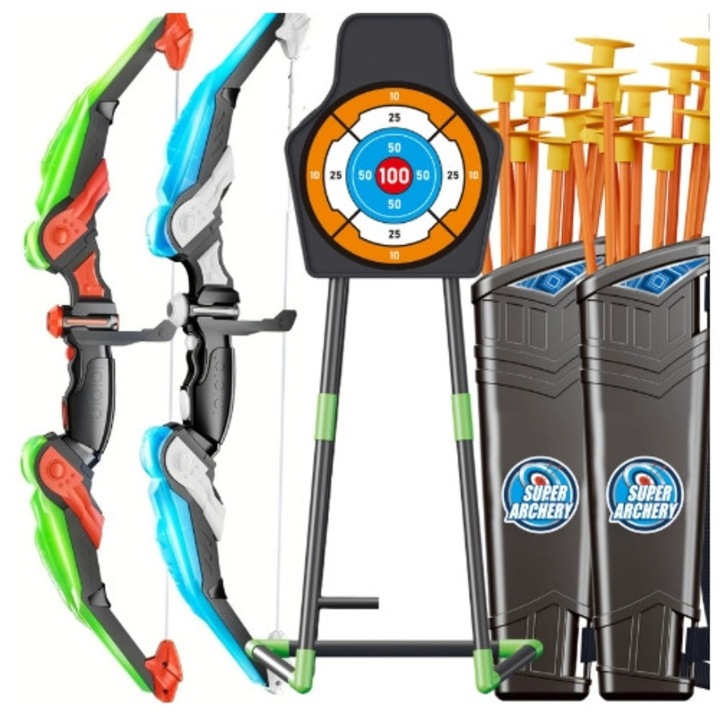 Íj és nyíl készlet gyerekeknek, 2 db-os LED világító íj készlet tapadókoronggal 20 nyíllal, beltéri és kültéri játék fiúknak és lányoknak 8-12 éves korig, születésnapi ajándék 3-12 éves korig, 3 éves ABS játék fiúknak