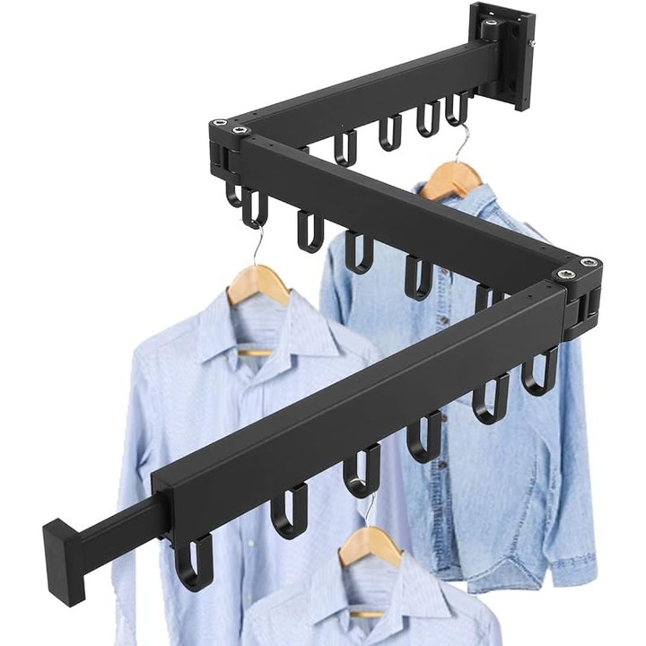 Suport de haine pliabil din aluminiu, reglabil, montat pe perete, cu suport pentru prosoape, carlige pentru haine, capacitate portanta puternica pentru balcon, dormitor, pliat in trei, Suport prosoape Aluminiu