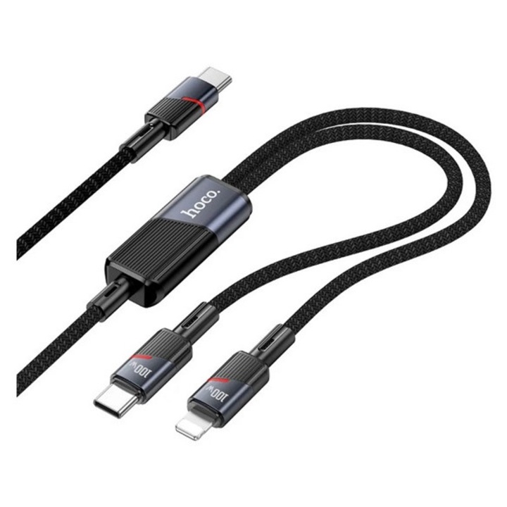 Hoco u139 adatkábel 2in1, type-c - lightning/type-c, 100w, gyorstöltő, 120cm, cipőfűző, fekete