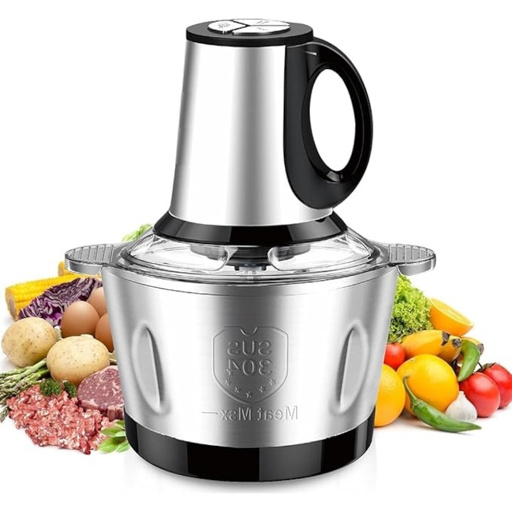 Tocator Electric Pentru Carne Si Legume, Capacitate 5L, 4 Lame Din Otel Inoxidabil De Inalta Calitate, 1000 W, Recipient din Inox, Argintiu