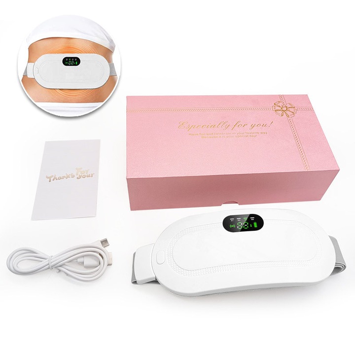 Aparat centura pentru masaj si incalzire, 4 niveluri de vibratie pentru masaj, 3 niveluri reglabile de caldura, zgomot redus, compact si portabil, pentru alinierea durerilor menstruale, abdominale si lombare, alb