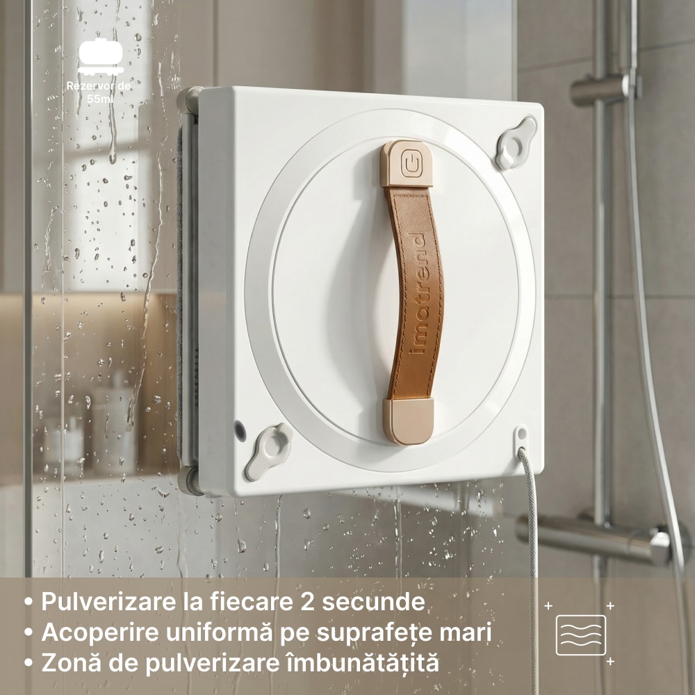 Robot Aspirator De Geamuri IMA Trend®, Aplicatie Tuya, Robot Geamuri cu Detectare Automata A Marginilor, Pulverizare Ultrasonica, Control Prin Aplicatie Si Telecomanda, 3 Moduri De Lucru, Rezervor Dublu 60ml, UPS 30 Minute, 2700Pa, 72W, Alb