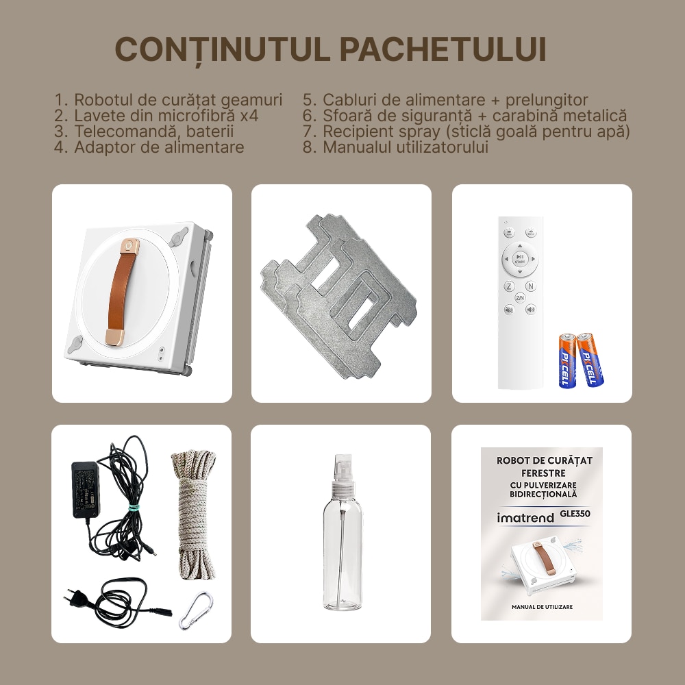 Robot Aspirator De Geamuri IMA Trend®, Aplicatie Tuya, Robot Geamuri cu Detectare Automata A Marginilor, Pulverizare Ultrasonica, Control Prin Aplicatie Si Telecomanda, 3 Moduri De Lucru, Rezervor Dublu 60ml, UPS 30 Minute, 2700Pa, 72W, Alb