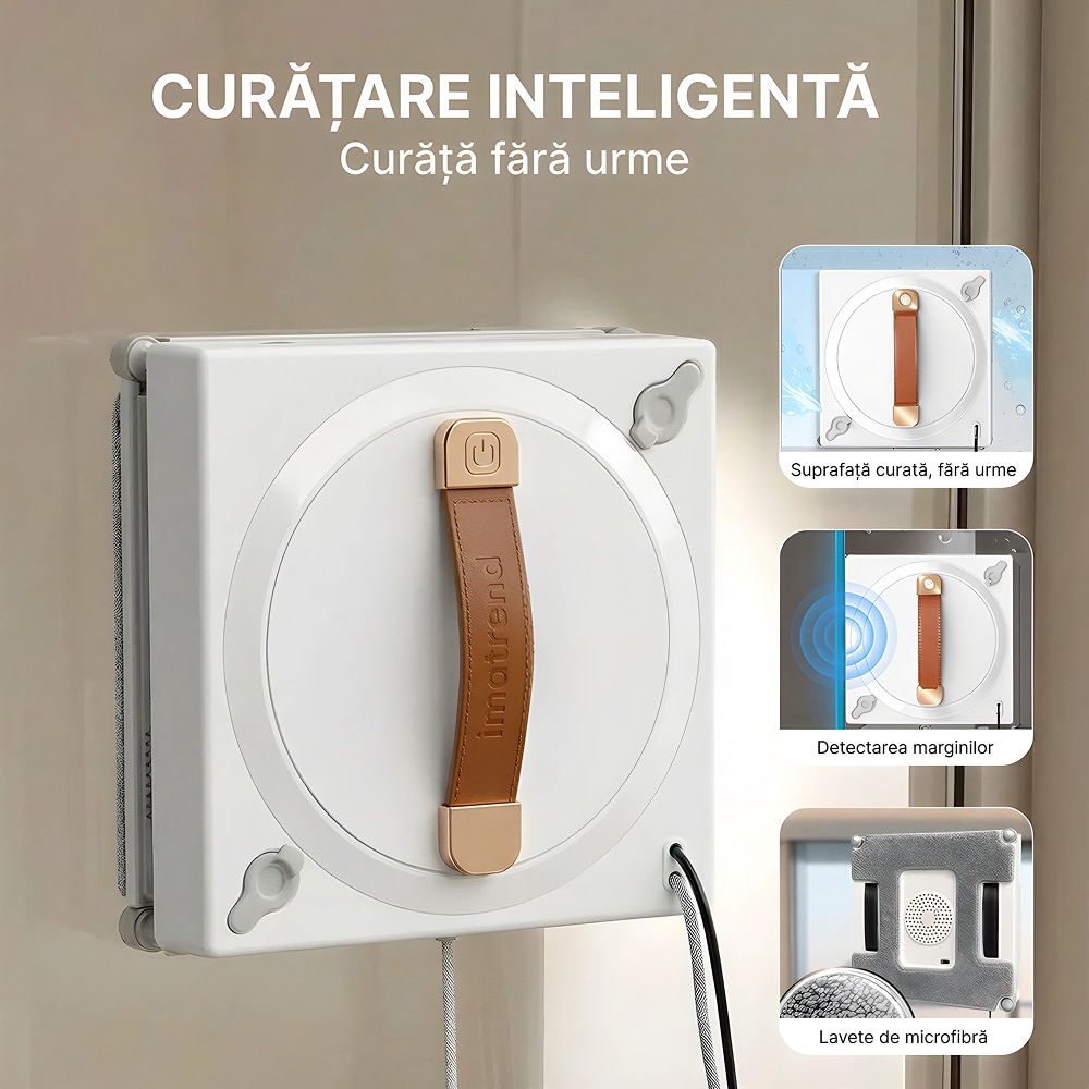 Robot Aspirator De Geamuri IMA Trend®, Aplicatie Tuya, Robot Geamuri cu Detectare Automata A Marginilor, Pulverizare Ultrasonica, Control Prin Aplicatie Si Telecomanda, 3 Moduri De Lucru, Rezervor Dublu 60ml, UPS 30 Minute, 2700Pa, 72W, Alb