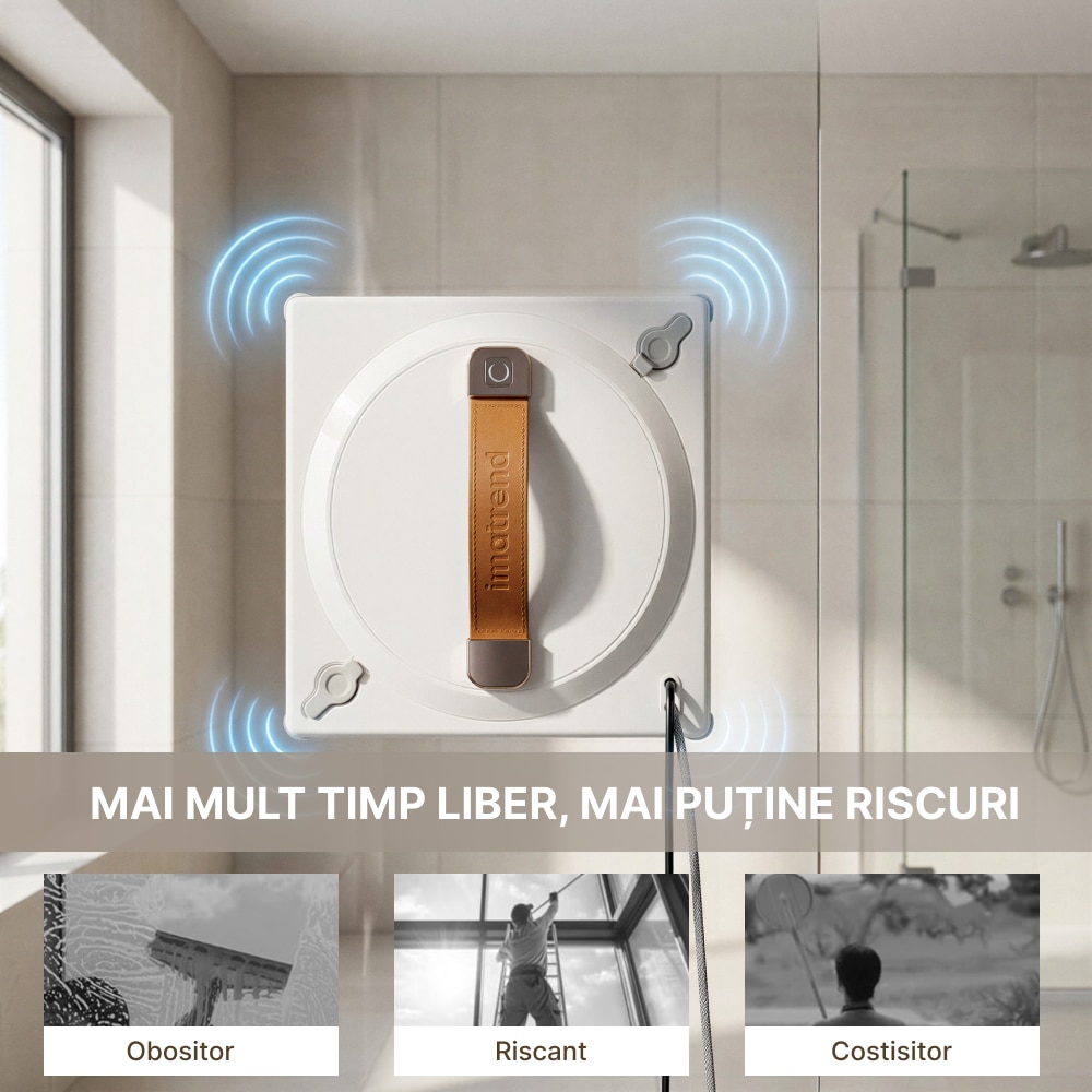 Robot Aspirator De Geamuri IMA Trend®, Aplicatie Tuya, Robot Geamuri cu Detectare Automata A Marginilor, Pulverizare Ultrasonica, Control Prin Aplicatie Si Telecomanda, 3 Moduri De Lucru, Rezervor Dublu 60ml, UPS 30 Minute, 2700Pa, 72W, Alb