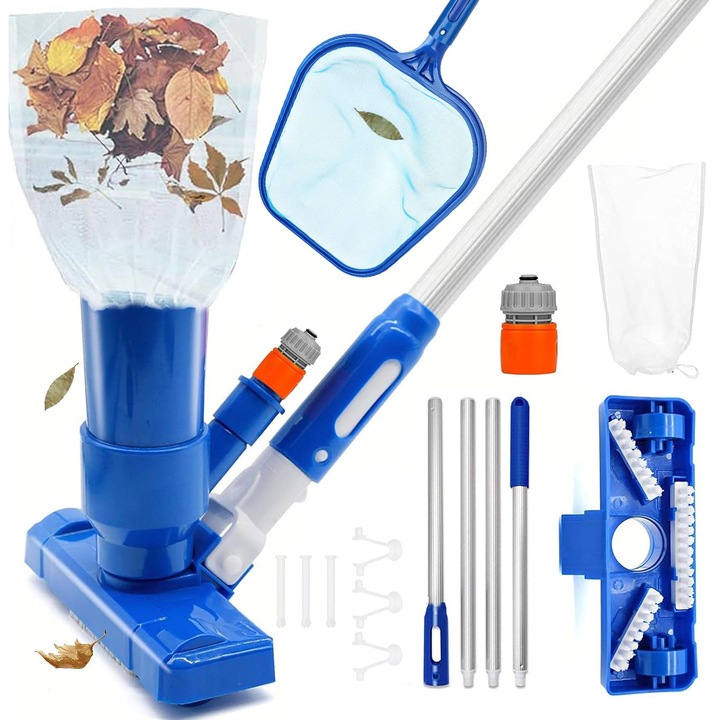 Kit de curatare piscina, cu Plasa si aspirator, Cada cu hidromasaj, piscina, spa lenes, iaz, kit de intretinere a piscinei, albastru si argintiu