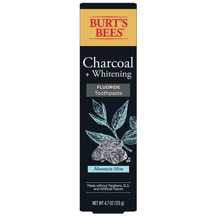 Паста за зъби, Burt's Bees, Charcoal Whitening, Mountain Mint, Избелващ Ефект, с Активен Въглен, без Синтетични Съставки, с Флуор, 133гр