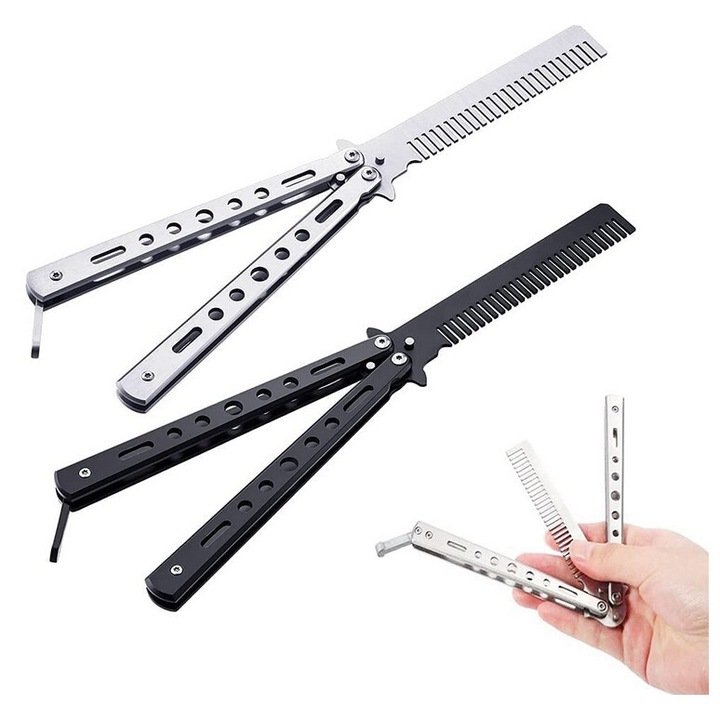 Set 2 Briceag Butterfly cu pieptene, carrlinechoo®, C3661, Pliabile, Inox, Pentru antrenament, 22cm, Negru/Argintiu