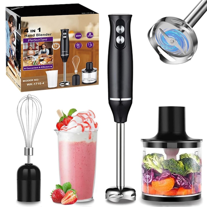 Комплект потапящ се блендер 4 в 1, 500 W, вертикален миксер-чопър, острие от неръждаема стомана, турбо функция, многофункционален за смесване, нарязване и разпенване, ергономичен дизайн, аксесоари в комплекта, черен