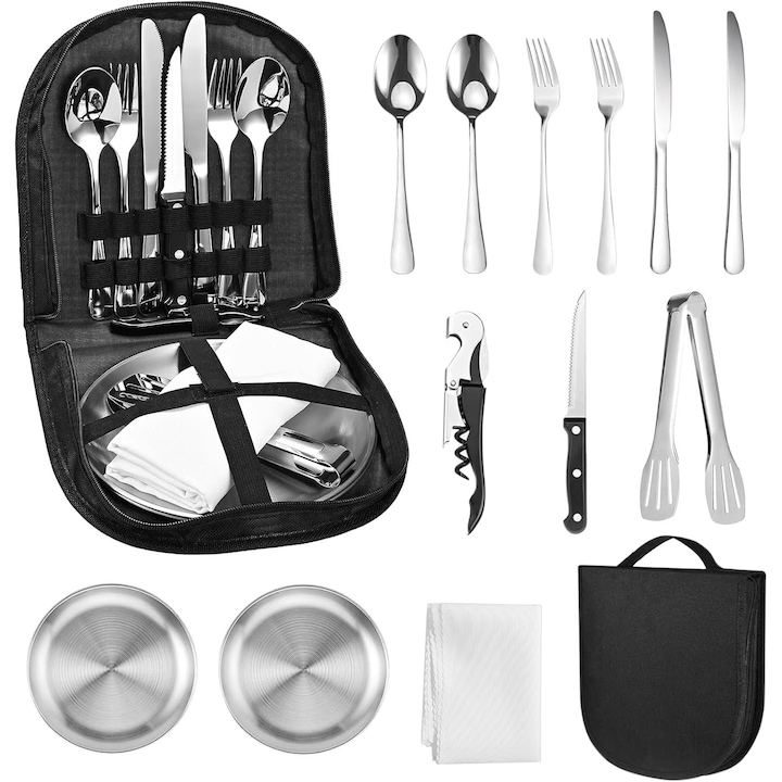Set vesela camping pentru 2 persoane, Suness, 13 piese, inox, portabil - furculite, linguri, cuite, farfurii, cleste, deschizator sticle, servetele, sac depozitare, Argintiu - pentru picnic si outdoor