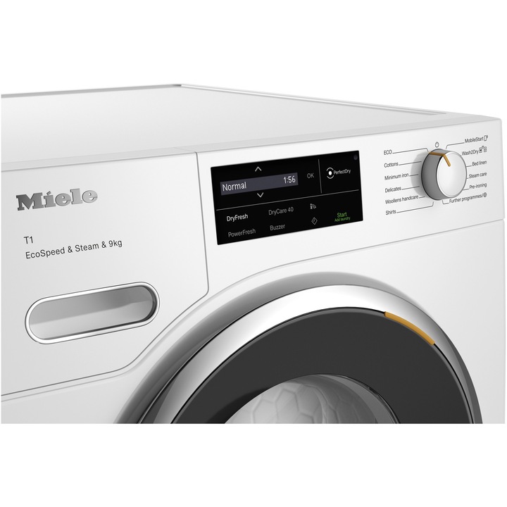 Uscator de rufe Miele TWL680WP, clasa C, 9 kg, ComfortSensor, SteamCare, SilenceDrum, DryCare 40, Alb