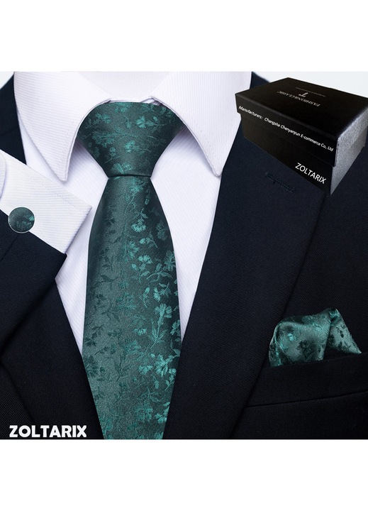 Set Cravata cu Batista si Butoni si Ac de cravata, ZOLTARIX,147 x 8 cm, Polyester, Potrivit pentru petreceri de dans, nunti, banchete, afaceri, Confortabila si moale, Floral verde