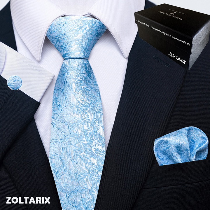 Set Cravata cu Batista si Butoni si Ac de cravata, ZOLTARIX,147 x 8 cm, Poliester, Potrivit pentru petreceri de dans, nunti, banchete, afaceri, Confortabila si moale, Albastru deschis