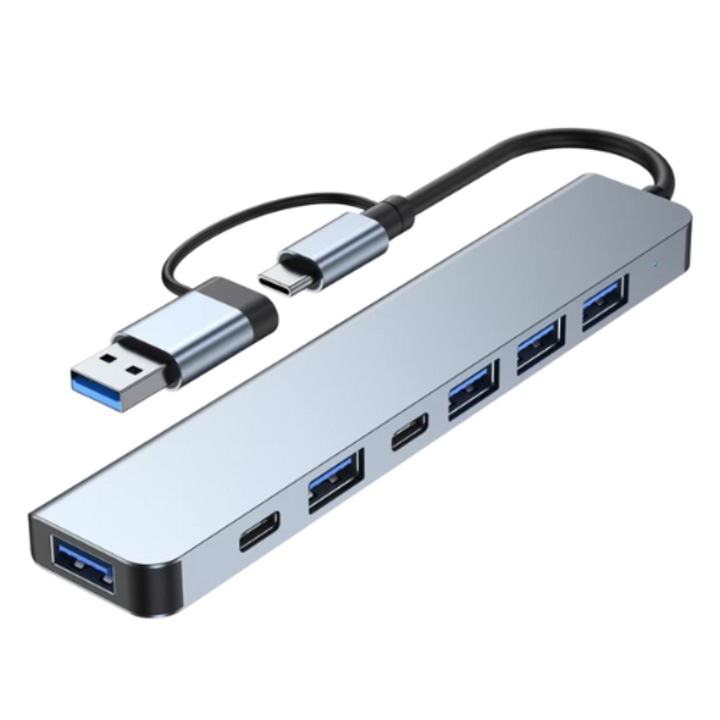 7-в-1 USB хъб, USB-C, USB 2.0/USB 3.0, ултратънък. Високоскоростен, бърз трансфер на данни, съвместим с PC, Mac, Lenovo, Dell, HP, Asus, Acer, Apple MacBook Air/Pro лаптоп, сребрист