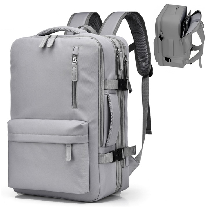 Rucsac de voiaj unisex, Wacorresi®, Rucsac de calatorie pentru laptop, Rezistent la apa, capacitate mare, design cu port USB, Rezistent la uzura si la zgarieturi, design cu mai multe compartimente, material respirabil, 38x52x12cm, Gri