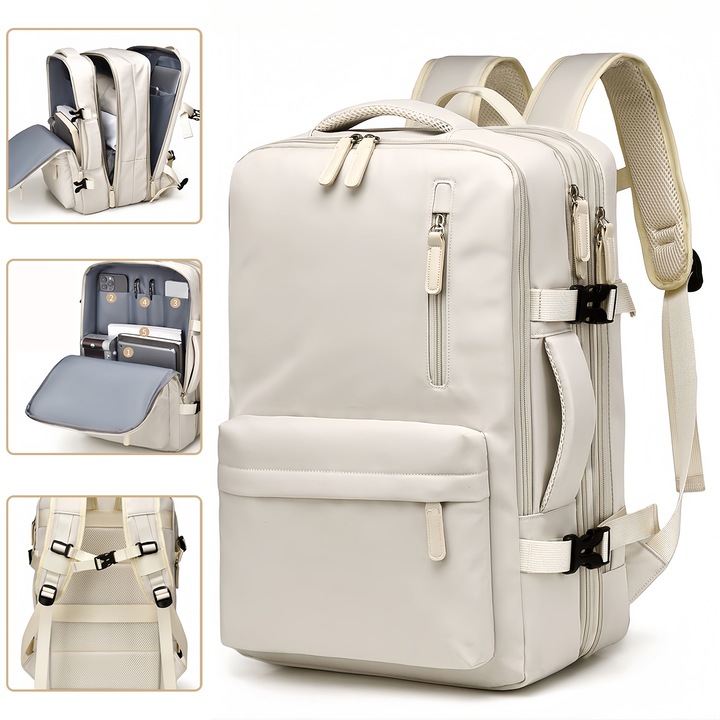 Rucsac de voiaj unisex, Wacorresi®, Rucsac de calatorie pentru laptop, Rezistent la apa, capacitate mare, design cu port USB, Rezistent la uzura si la zgarieturi, design cu mai multe compartimente, material respirabil, 38x52x12cm, Bej