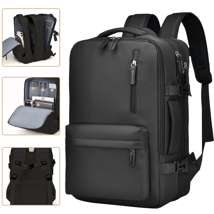 Rucsac de voiaj unisex, Wacorresi®, Rucsac de calatorie pentru laptop, Rezistent la apa, capacitate mare, design cu port USB, Rezistent la uzura si la zgarieturi, design cu mai multe compartimente, material respirabil, 38x52x12cm, negru