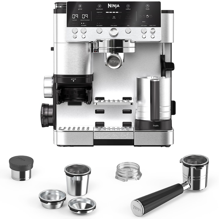 Еспресо машина 3в1 Ninja Luxe Cafe Premier ES601EU, Полуавтоматична, 1650W, Cold Brew, Вградена мелачка с 25 степени на смилане, Barista Assist, Вградена везна, Контейнер за разпенване с вгр. бъркалка, Самопочистваща се с-ма за разпенване, Неръжд. стомана