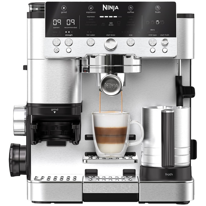 Espressor semi-automat 3in1 Ninja Luxe Café Premier ES601EU, 1650W, Cold Brew, rasnita incorporata cu 25 trepte de macinare, Barista Assist, cantar incorporat, recipient de spumare cu tel integrat, autocuratare a sistemului de spumare, inox