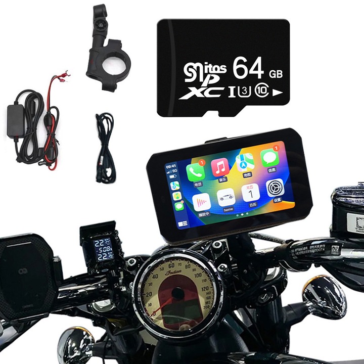 Motoros navigáció, Motorkerékpár kiegészítők, 64G, Carplay, Android Auto Carlife, Fudisenn, WiFi, GPS, tartóval, USB kábellel, 5 hüvelykes érintőképernyővel, IP65, fekete