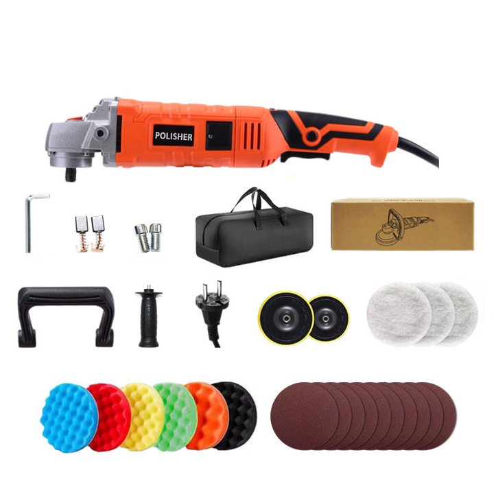 Комплект за полиране на автомобили, Полираща машина за автомобили, Диаметър на диска 15 см, Fudisenn, 7 регулируеми скорости, 3300 об/мин, 7-инчови вълнени топки*3, 6-инчови цветни вълнообразни гъби*6, 10 шкурки, с чанта за съхранение, оранжево