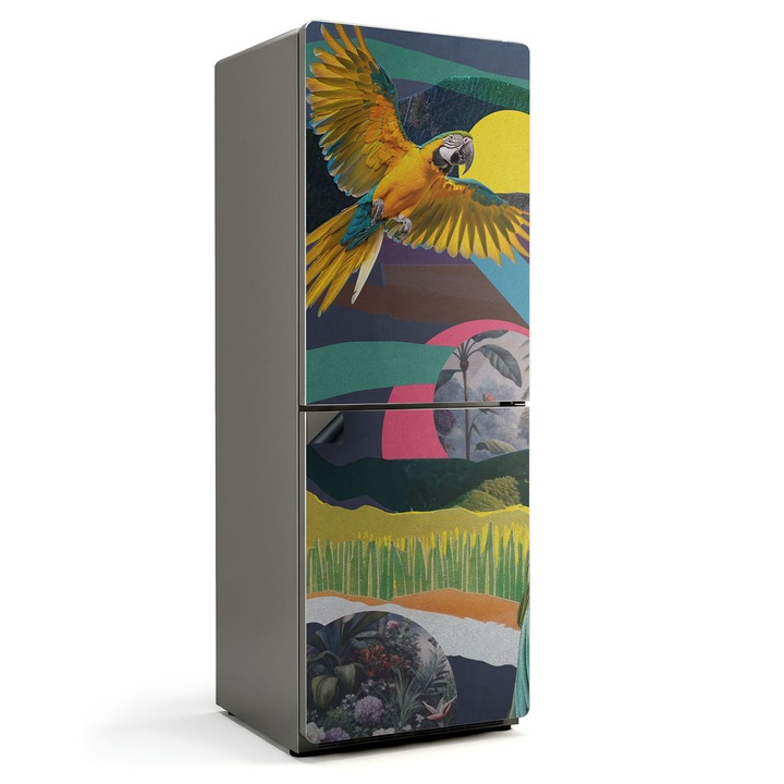 Folie magnetica pentru frigider, Wallfluent, Colaj decupat cu papagali, Galben, 70x190 cm, 010220280070000284061