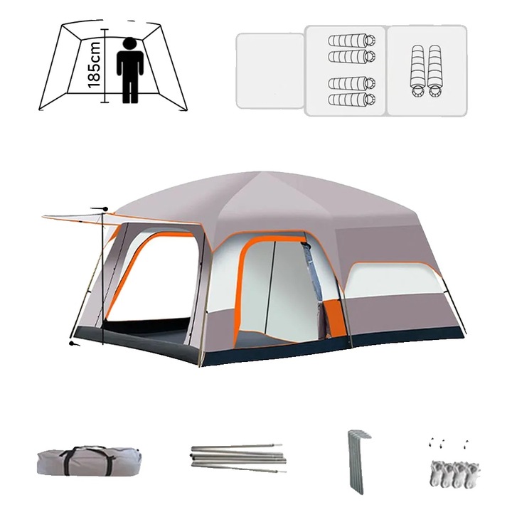 Kemping sátor, T1, 4-6 fő, 1 hálószoba és 1 nappali, vízálló, 1,4m x 2,1m x 1,85m