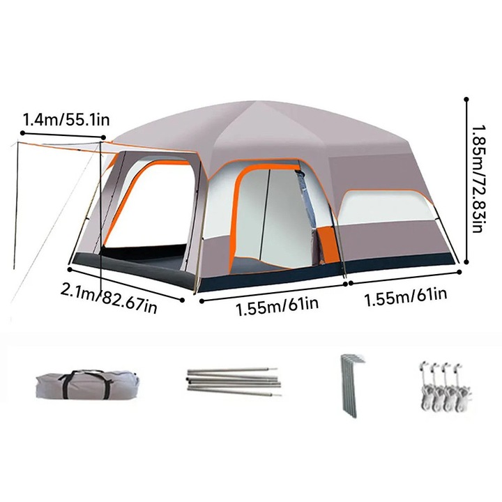 Cort camping, 4-6 persoane, 1 dormitor si 1 living, 1.4m x 2.1m x 1.85m, gri/portocaliu