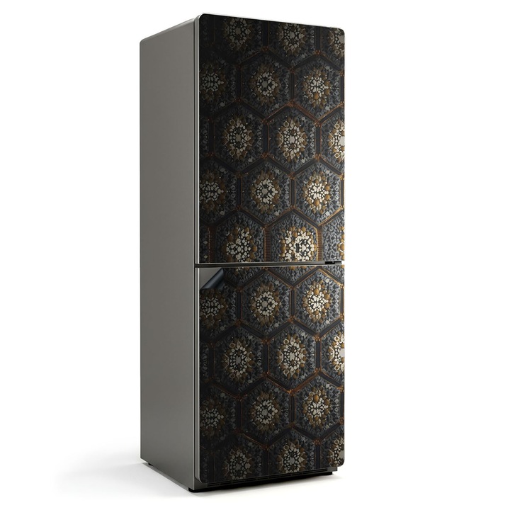 Folie magnetica pentru frigider, Wallfluent, Model hexagonal cu detalii, Negru, 70x190 cm, 010220280070000282482