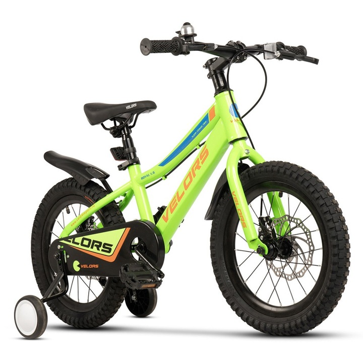 Gyerek MTB országúti kerékpár 4-6 éves korig Velors Drex JSX16345, acél váz, 16 colos kerék, első/hátsó tárcsafék, egysebességes, pótkerekek, zöld-narancs színben
