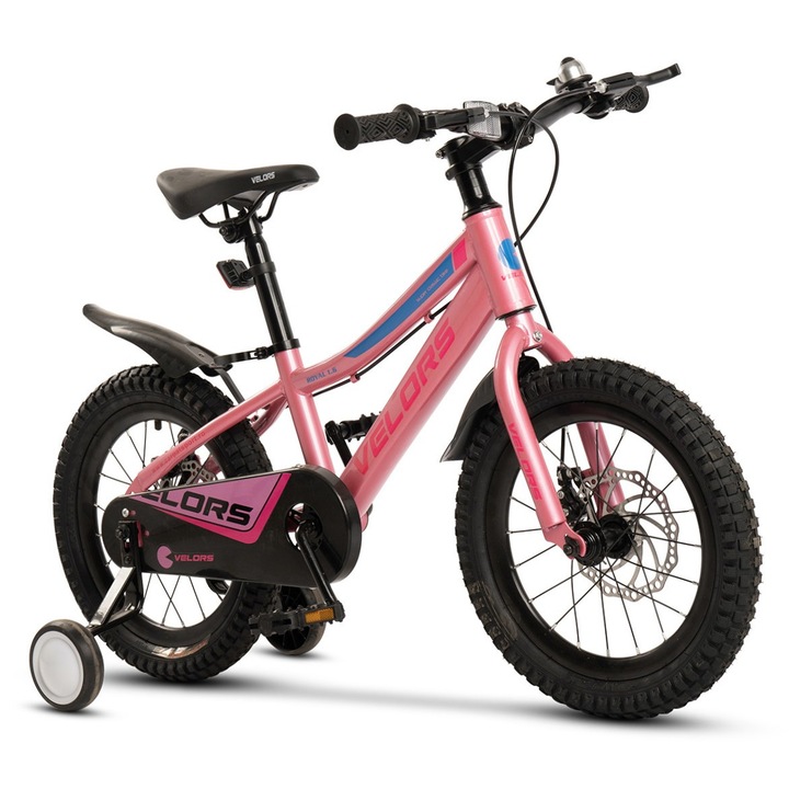 Gyerek MTB országúti kerékpár 4-6 éves korig Velors Drex JSX16345, acél váz, 16 colos kerék, első/hátsó tárcsafék, egysebességes, pótkerekek, rózsaszín-kék színben