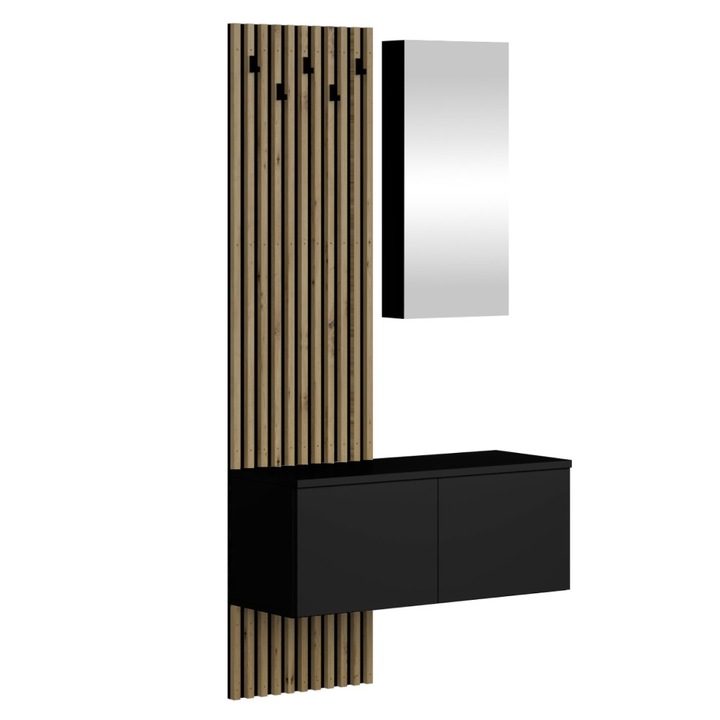 Cuier hol DacEnergy©, fabricat din DTD laminat, panou cu lamele, cinci carlige si doua dulapuri suspendate, un dulap sus cu oglinda, 100 x 37, 1 x 195, 5 cm, negru si stejar artisan