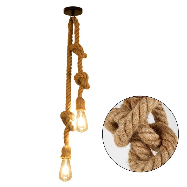 Lustra vintage, Zola, franghie, 2 socluri E27, 230V 50Hz, dimensiune 2 x 90 cm, crem