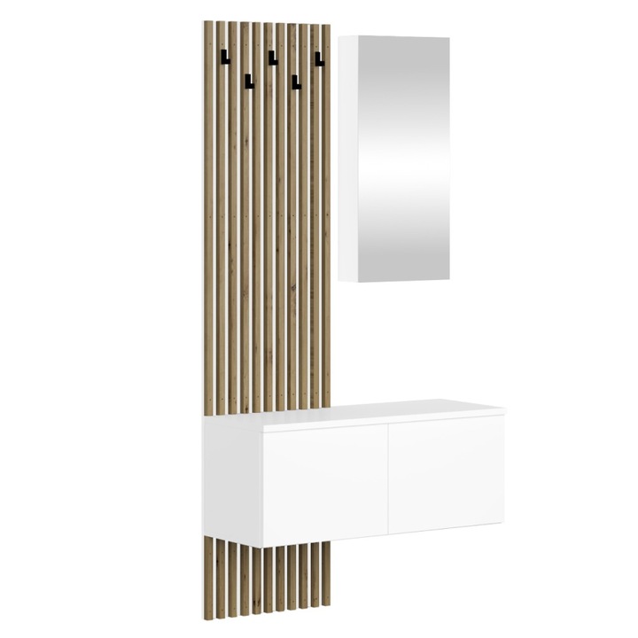 Cuier hol DacEnergy©, fabricat din DTD laminat, panou cu lamele, cinci carlige si doua dulapuri suspendate, un dulap sus cu oglinda, 100 x 37, 1 x 195, 5 cm, alb si fag artisan