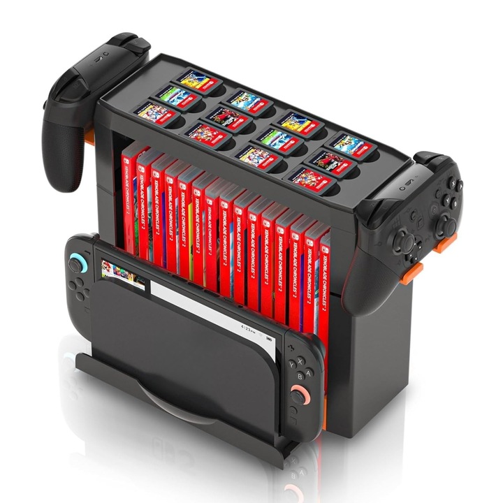 Organizator Cartuse Switch 12+15, Suport All-in-One, Suport Console/Manner/Baza, Montare Rapida, Compatibil OLED/Lite, Negru, ABS