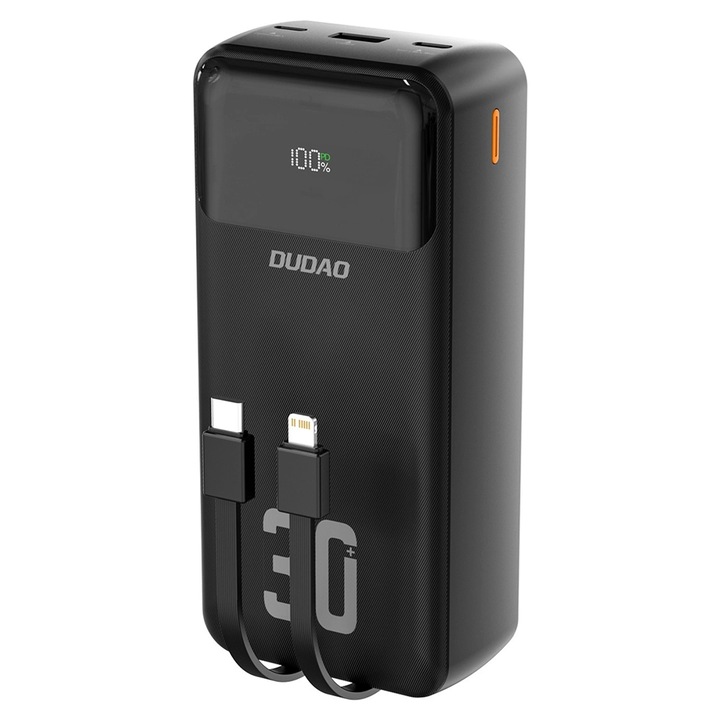 Baterie externa Dudao K15MAX 30000mAh, 22.5W, Cablu incorporat, 1xUSB, 1xUSB-C, Lightning, Negru