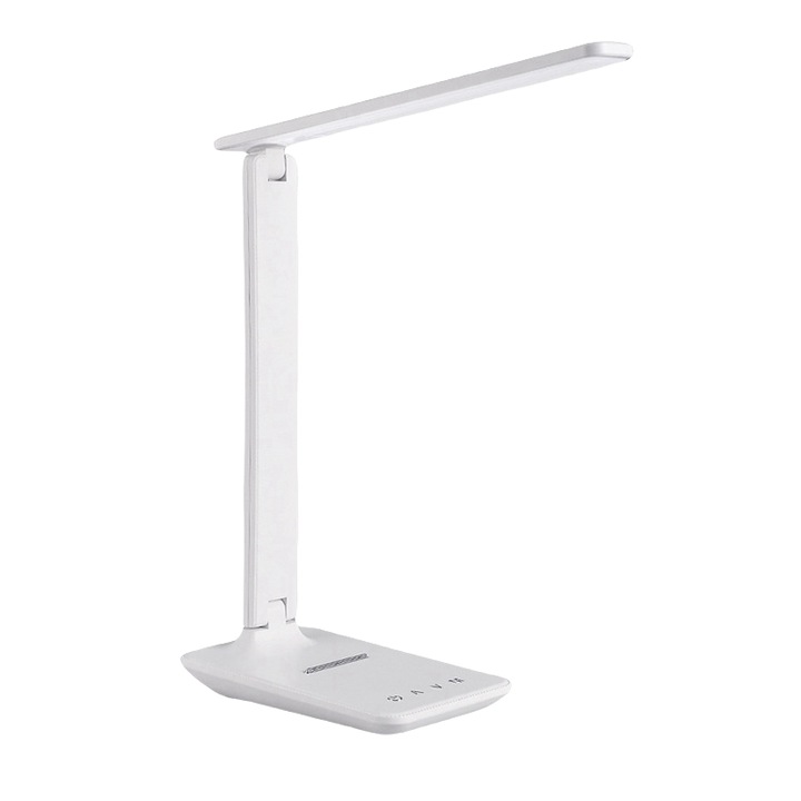 LED asztali lámpa, mobiltelefon-tartó, 5 színű hőmérséklet-szabályozás, 3 tengelyes forgatás, USB-port, összecsukható, érintésvezérlés, fehér