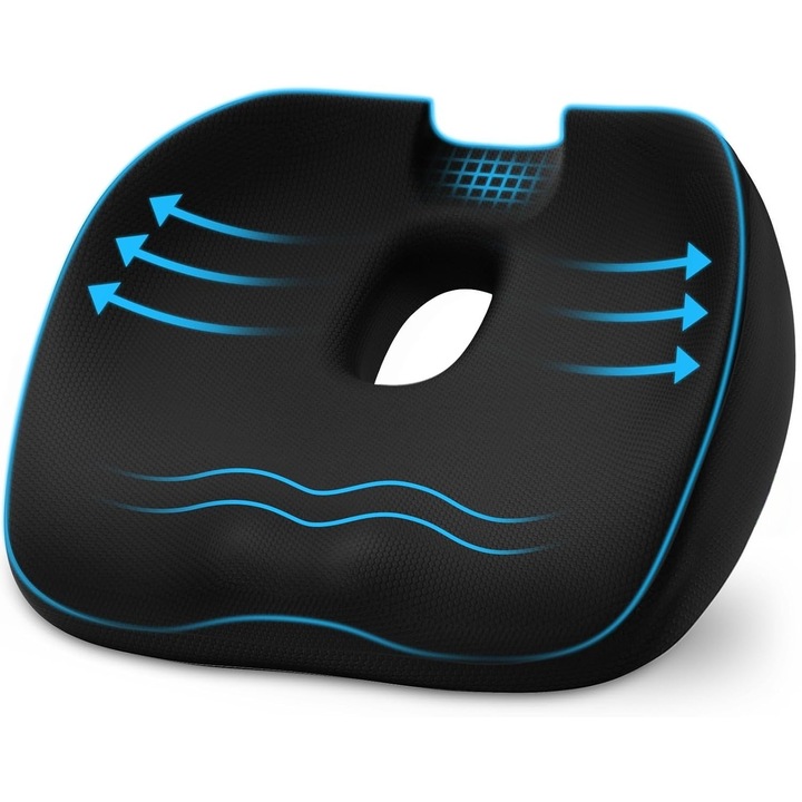 Perna ortopedica sezut, Spuma cu memorie Premium, design ergonomic, protectie stiintifica a coloanei vertebrale, modelarea feselor, disipare a caldurii respirabila, Detasabil si lavabil, Negru