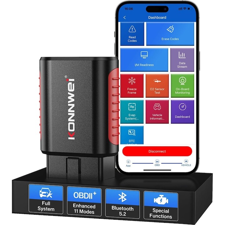 Tester Auto KONNWEI KDIAG, 101 Functii, Bluetooth 5.0, Compatibil cu iOS/Android, 9-18V