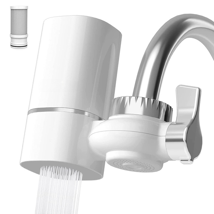 Filtru de apa potabila, montare la robinetul de la chiuveta, Elimina Impuritatile, Clorul, Metalele Grele, Mirosurile, Sedimentele, Cartus Reutilizabil, Ideal pentru Bucatarie, Uz Casnic, Alb