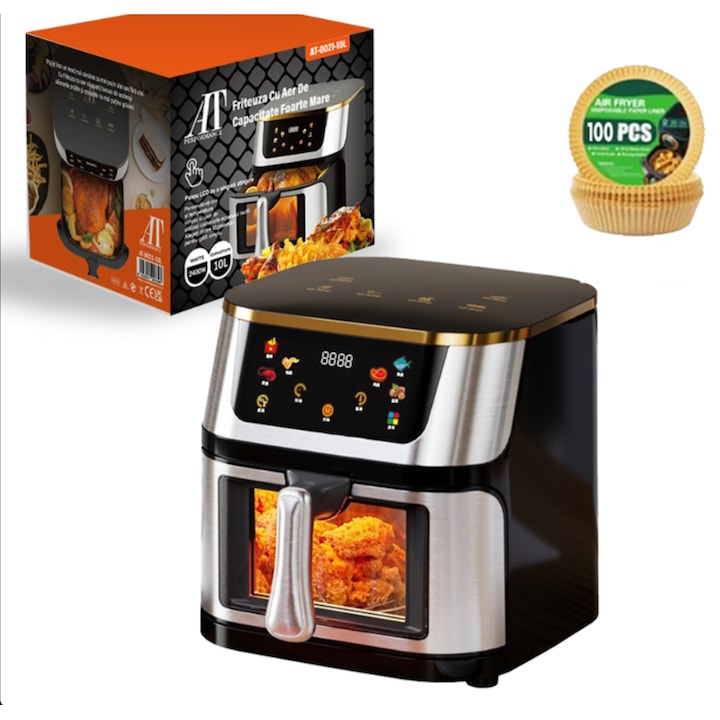 Фритюрник с горещ въздух 10 л AT PERFORMANCE® – 2400 W, дигитален сензорен дисплей, 8 програми, със стъкло, черен + 100 хартии за печене