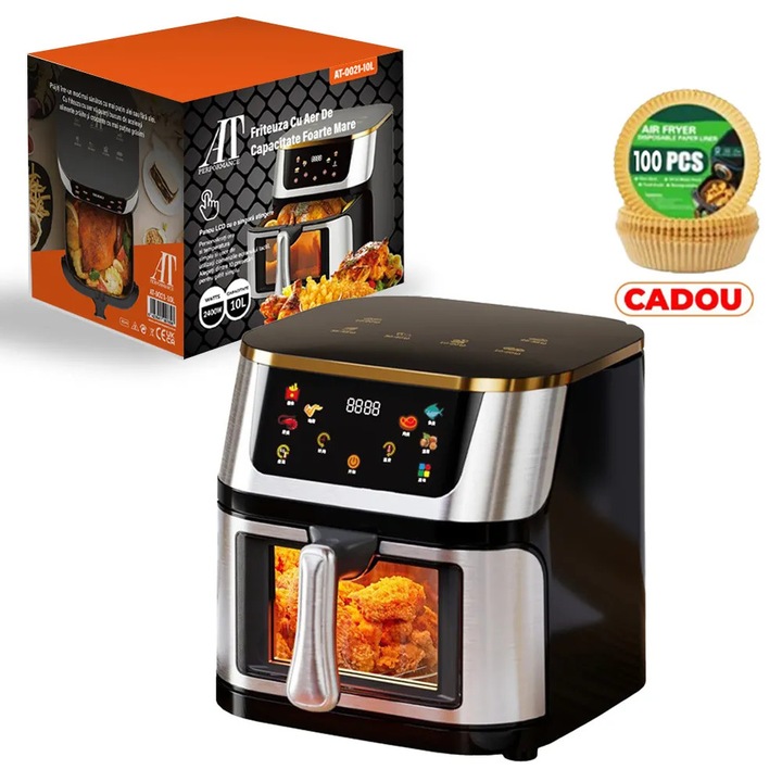 Friteuza cu Aer Cald 10L AT PERFORMANCE® – 2400W, Display Digital Touch, 8 Programe, cu Geam, Neagra + 100 Hartii de Copt